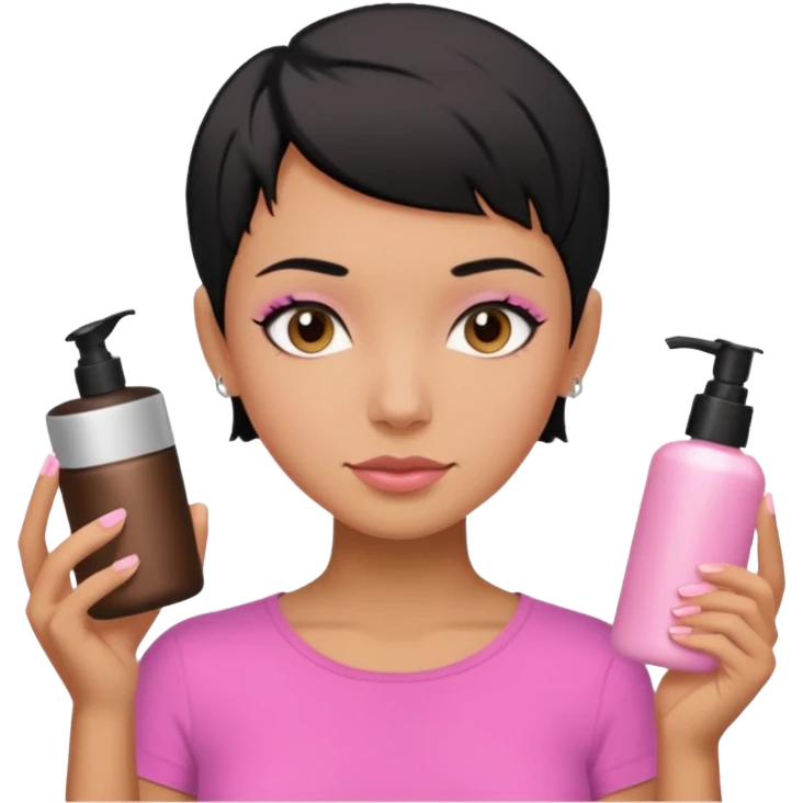 tan girl pink shirt with black hair & a pixie, cut no earrings, doing skin care emoji