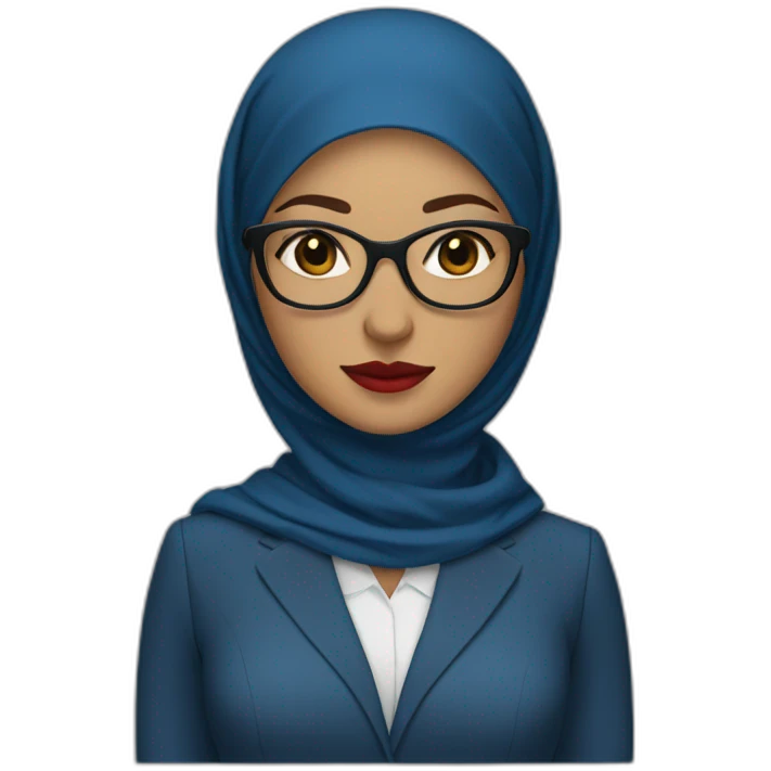 Hijabi white woman with glasses and brown eyes wearing a blue suit and red lipstick emoji