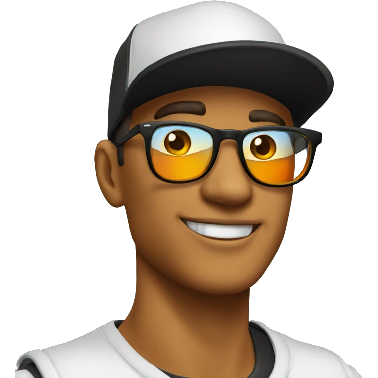 hombre blanco joven con lentes de sol color negro y gorra color naranja emoji