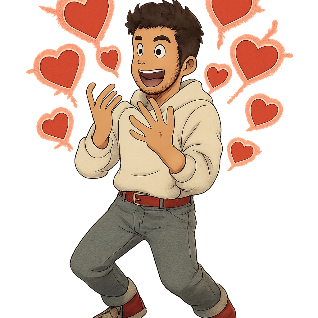 a burst of heart shapes that fits the theme: 1 male, mid fade haircut dark chestnut brown curly hair, toasted lightskin, white hoodie sleeves up, gray fashion jeans, red fashion-sneakers shoes, red belt, short trimmed beard and goatee,  style of deku from "my hero academia",  doing a "i adore that!" exclaimation pose with red electricity, emoji
