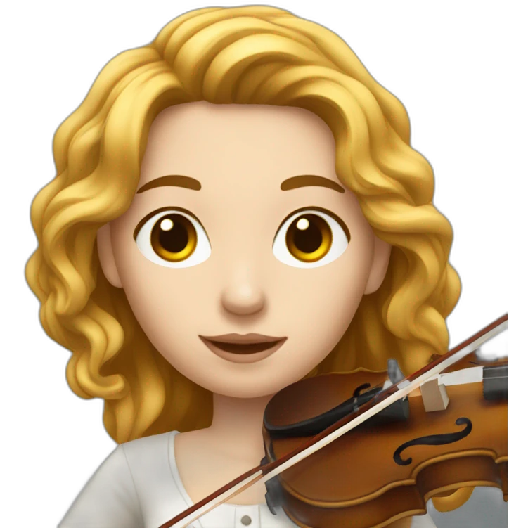 A female with white skin and with long wavy brown hair plays violin emoji