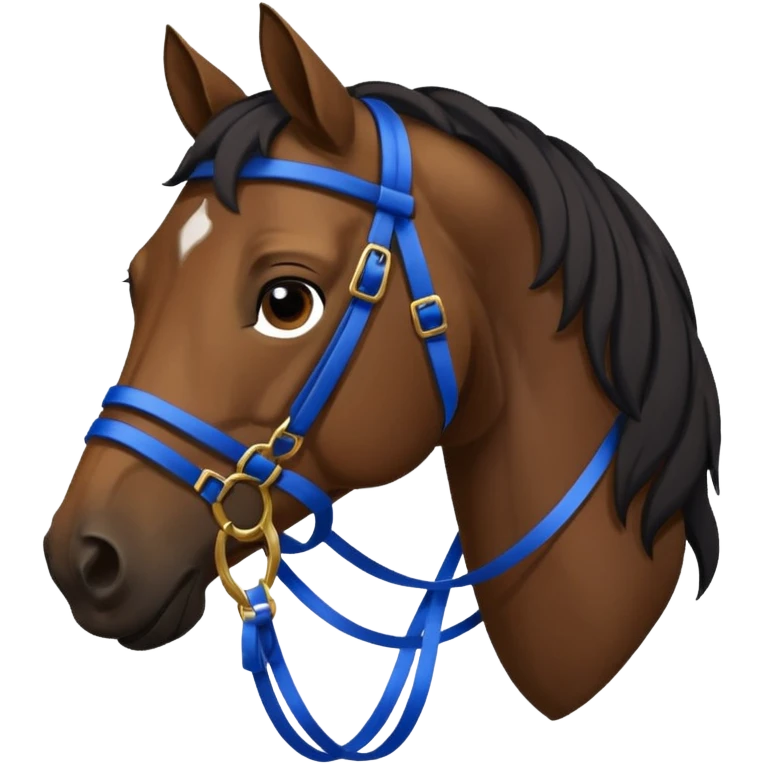 Brown horse with black men wearing a bridal with a blue ribbon hanging on the bridal emoji