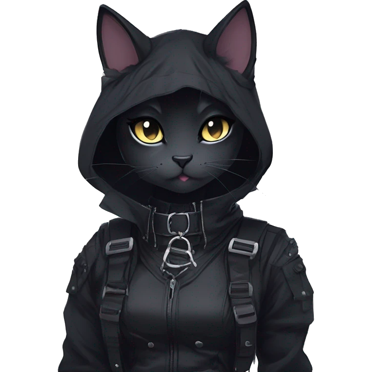 Gorgeous gothic dark techwear anime style anthro cat with blushing face aesthetic and pretty edgy black with collar and harness trending style emoji