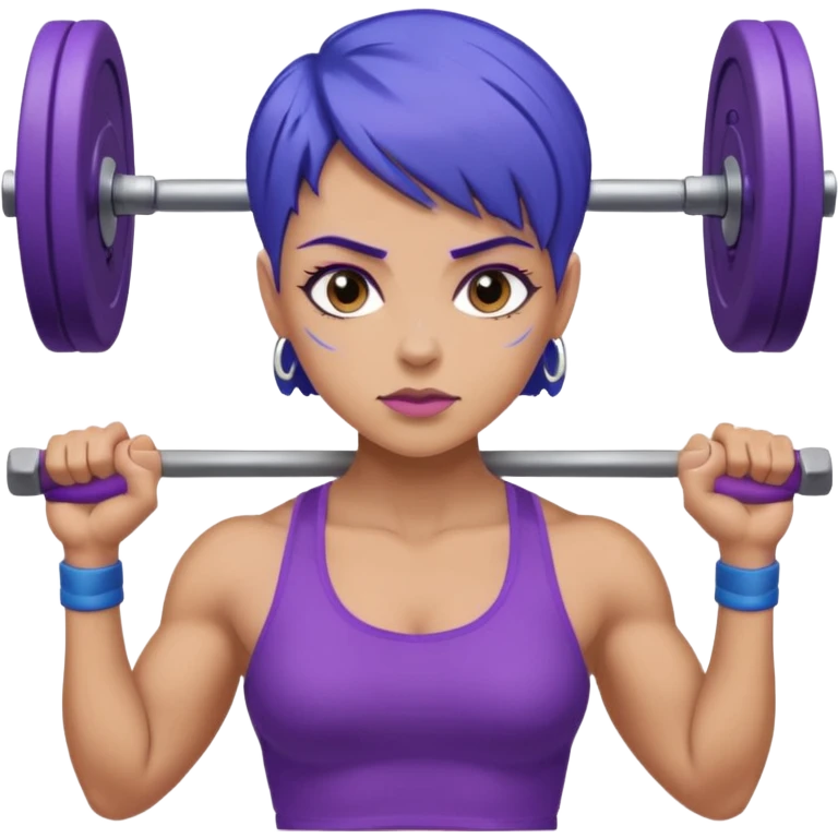 weight lift woman short blue purple har muscles bar is not growing from head emoji