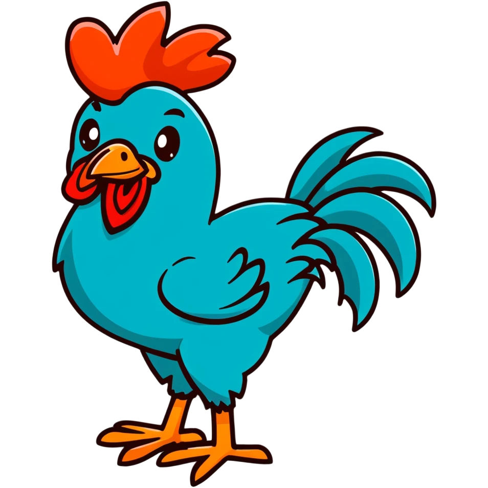 A goofy tropical rooster with teal blue feathers, big bulging eyes, tall red comb, skinny legs, comical expression emoji