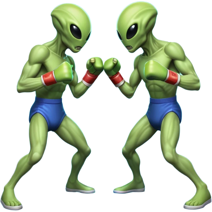 two alien fighters boxing, mid-punch action, motion blur effect, glowing energy impact, dramatic lighting, 3D cartoon, mobile game icon style, clean background, no text, no watermark
 emoji
