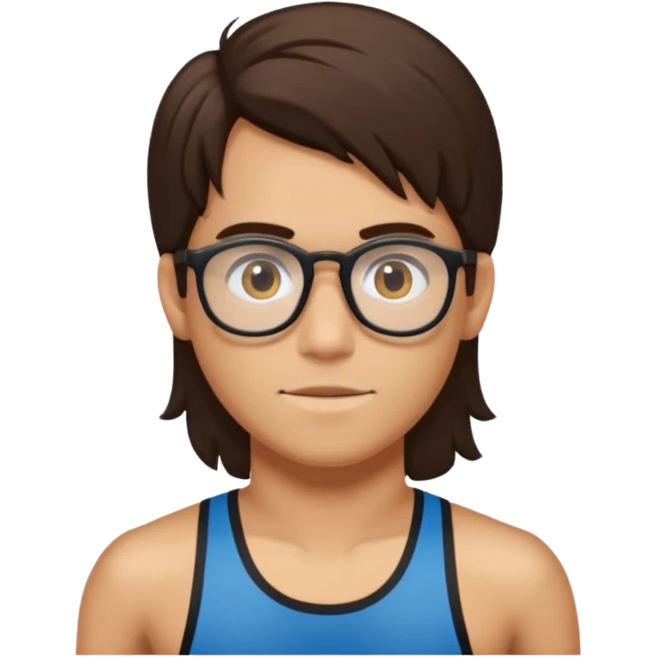 Chico joven, cabello largo marrón oscuro, con lentes de running, sin camisa emoji