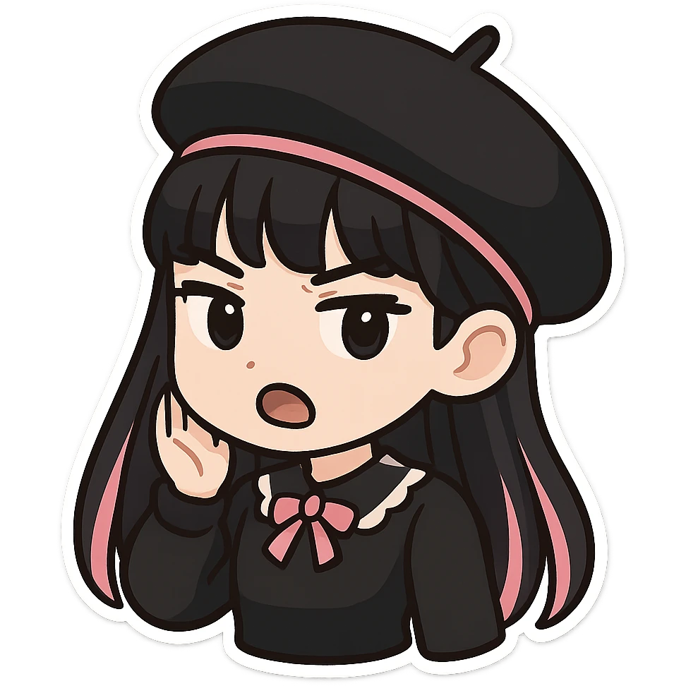 BLACKPINK-inspired gothic beret, cute and expressive, black and pink, no hearts emoji