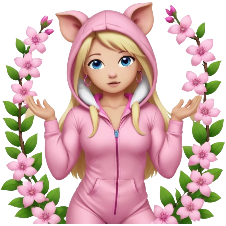 sexy and muscled, full body, in pink kegurumi pijamas, pig hood, sexy woman, long blond hair, beautiful blue eyes, makeup, earrings, muscled, surrounded by pink flowers and sakura petals emoji