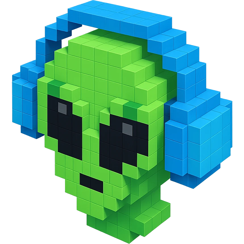 green alien with big black eyes wearing large over-ear headphones, isometric view emoji