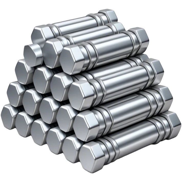A bundle of uranium fuel rods used in a nuclear reactor, with a metallic silver or gray structure and cylindrical rods, arranged in a hexagonal grid, realistic and industrial style, no green color, only metallic shades. emoji