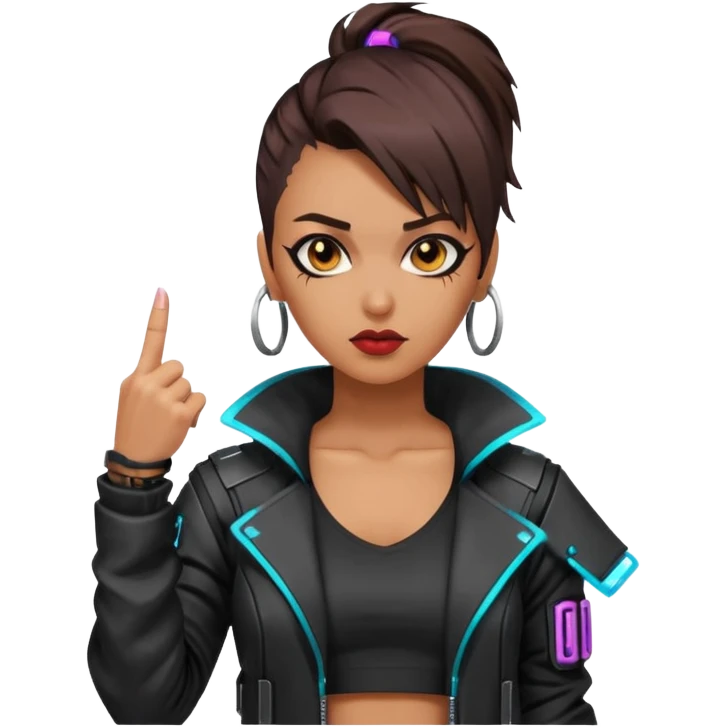 Woman with her tongue out in cyberpunk clothing and giving the middle finger. Looking naughty. emoji
