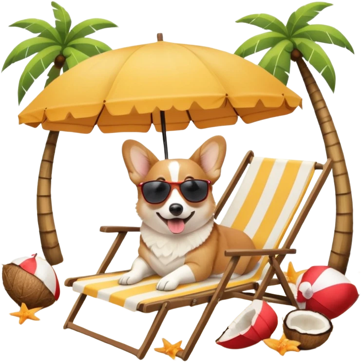 a corgi dog laied on a beach chair, a sunny beach, a sun umbrella, and beach coconut trees. the icon should capture the essence of a relaxing beach vacation with a carefree atmosphere emoji