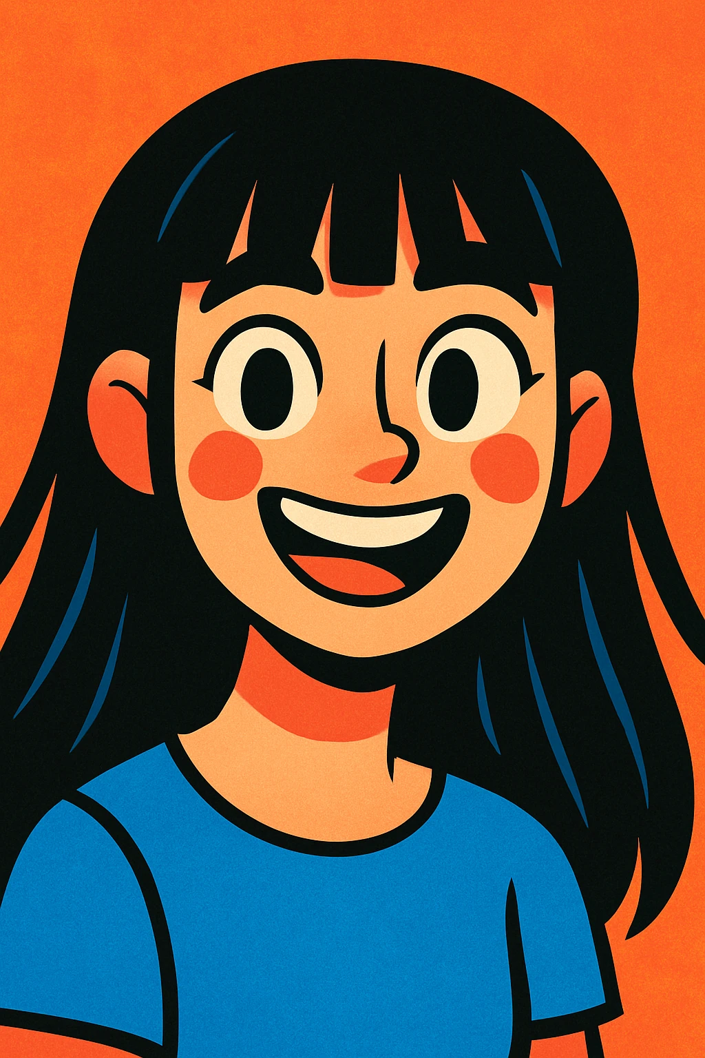 portrait of a pretty white girl with long black hair and thick bangs, cheerful mood, vibrant toon style emoji
