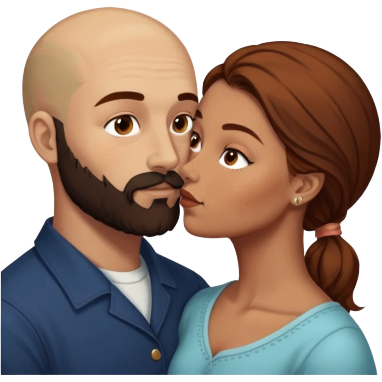 Couple. Bald man with dark brown-black beard. White woman with many small, faded freckles, she has white skin and she has auburn-brown-cinnamon, dark long hair. She has light brown eyes. The man have hazel eyes. She have light eyes. Retro style. She kisses him. Dark akademia. emoji