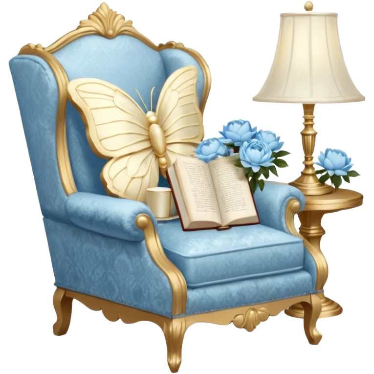 A cozy vintage-inspired reading nook, with an overstuffed ivory armchair, a golden reading lamp, and a bouquet of soft blue roses, white peonies, and dahlias resting on a small lace-covered side table, as a pearl butterfly gently rests on the open book.  emoji