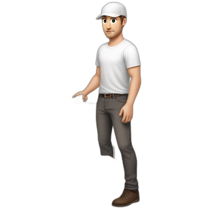 Pale skinned fit Man with dark brown hair in a light gray cap, dark brown jeans, brown polo and white T-shirt keeping a pasted with tape white box into his hands emoji