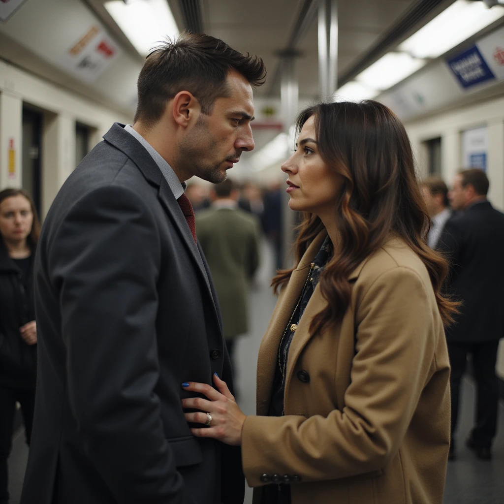 Man pretending to be weak, leaning exaggeratedly on a woman accompanying him, looking at her to see her reaction, public environment, hyperrealistic 4K details emoji