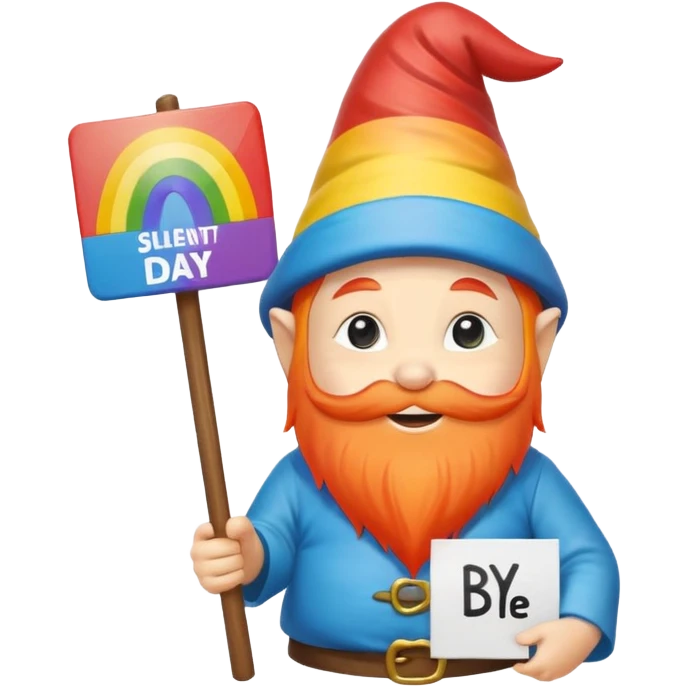 A zen rainbow gnome, holding a sign, "Silent Letter Day, who's with me?” emoji