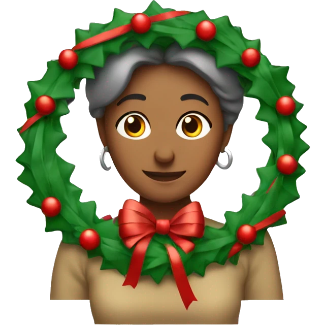 Middle aged woman hlearning how to tie a Christmas bow on a wreath emoji