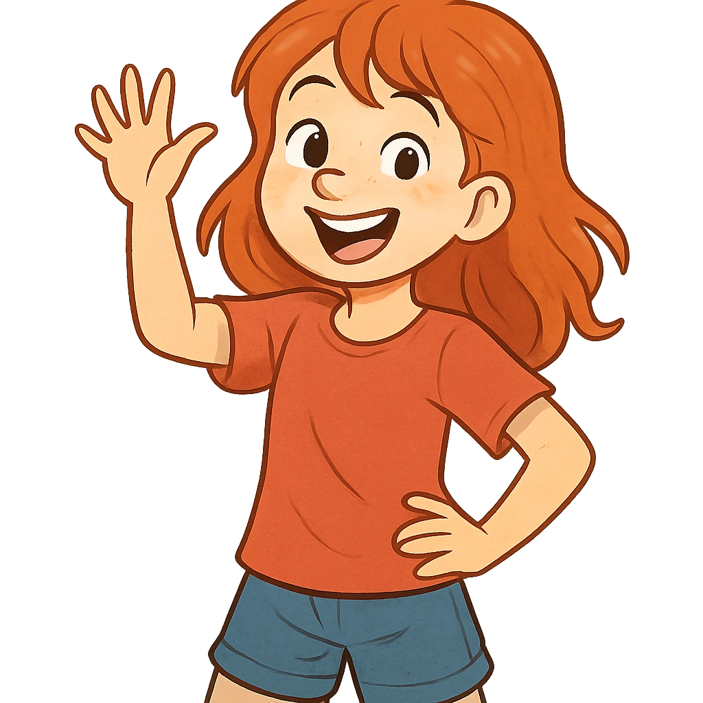 red-haired girl in a playful pose, smiling and waving emoji