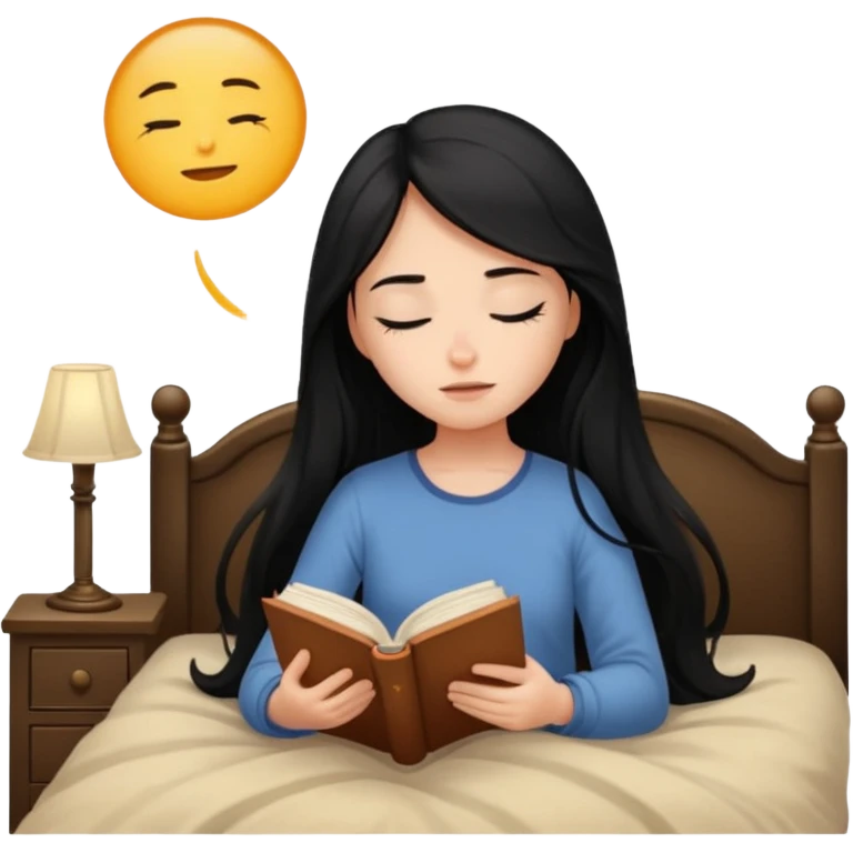 Girl black long hair reading book sleepy bed emoji