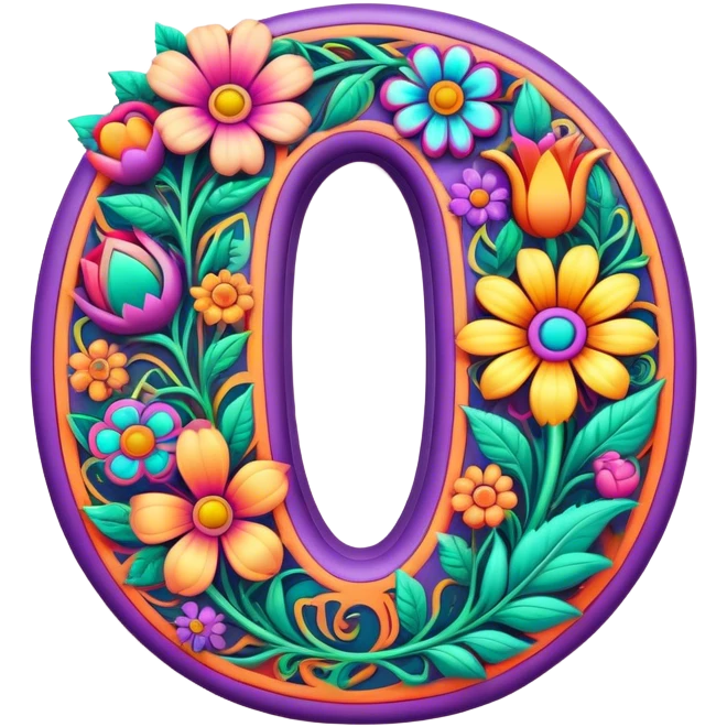 3D, gothic style psychedelic colored capital Letter O with hippie style flower border emoji