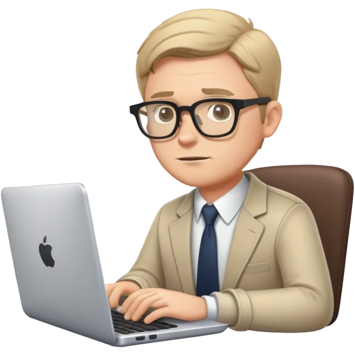white male journalist typing on a laptop, wearing glasses, focused expression emoji