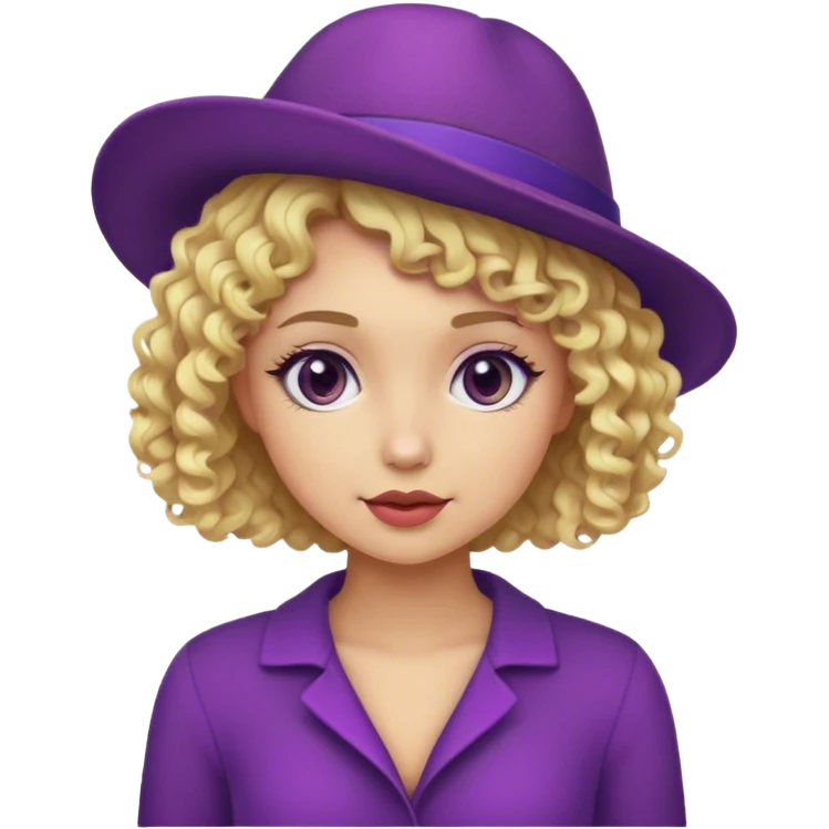 Blonde girl with short curly hair en purpule hat emoji