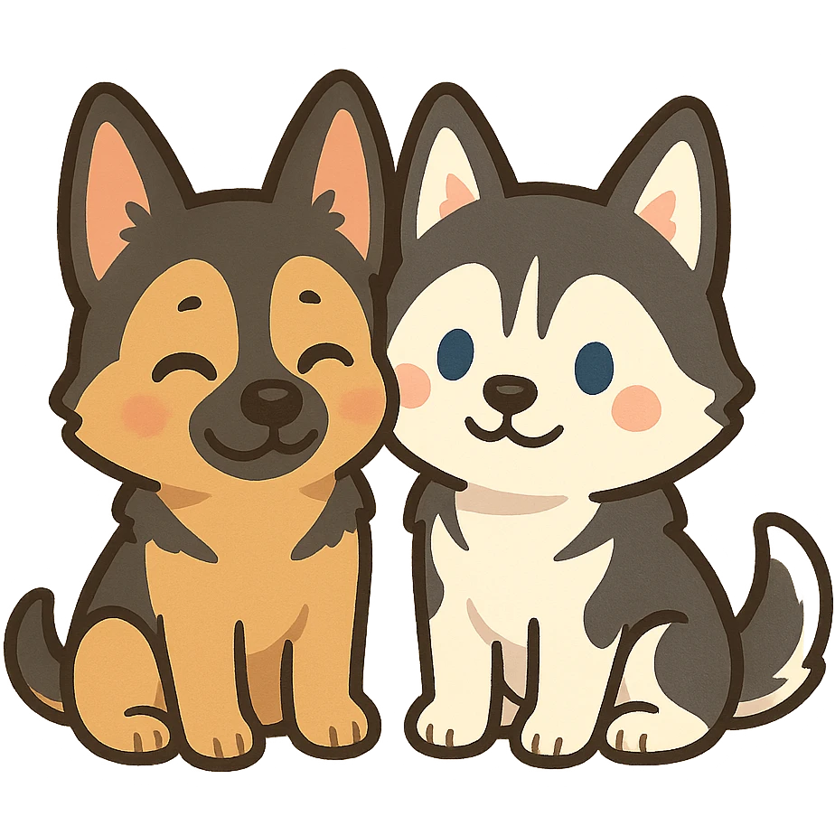 chibi sticker of two dogs, one German Shepherd and one Husky, sitting together, inspired by the reference photo emoji
