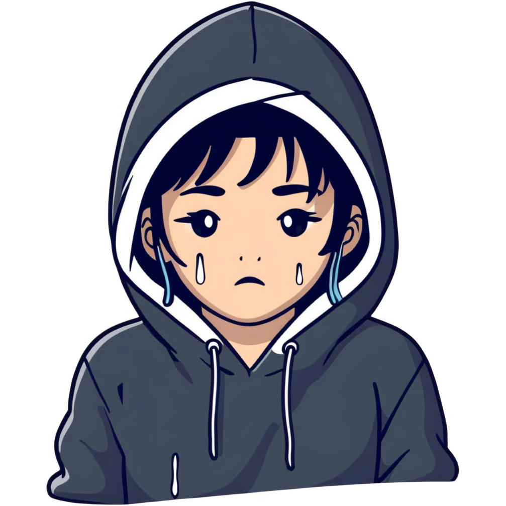 girl with black hair in black hoodie with tears streaming down her face emoji
