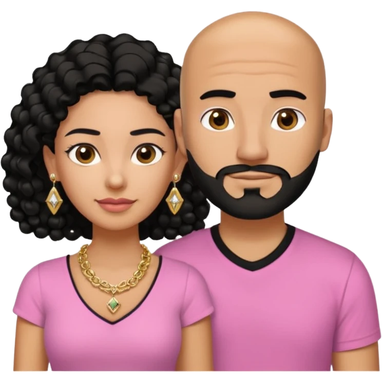 A picture if a couple. the man is a Mexican man with tanned skin, black hair, a bald hair cut, short boxed beard, and wearing a black shirt. the woman is mixed with black and white, with brown curly long hair, gold diamond earrings, a gold chain necklace and wearing a pink shirt on with big boobs emoji