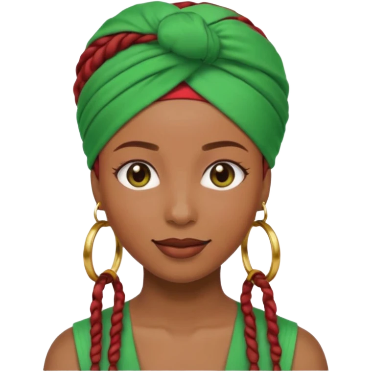 Non-portrait Jayci-vibe emoji, 1024 PNG, transparent. Headwrap (muted R-G-G), hoops, locs hint; soft smile, golden inner glow + faint heart aura. Embed: first-love, roots calm, playful grace, protective joy, consent. emoji