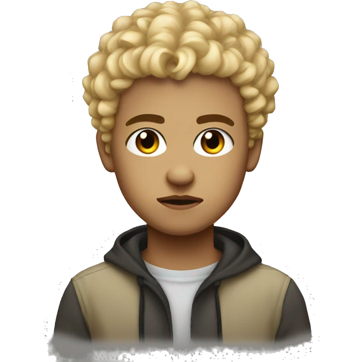 black eyes, very very curly blonde very short hair, boy, serious face emoji