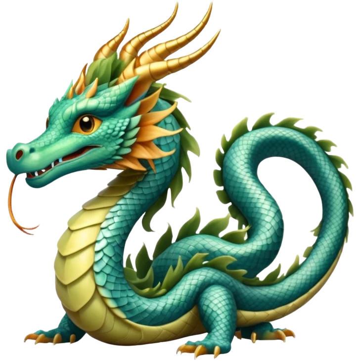  serpent dragon. Slim, serpentine body with smooth scales in soft blues and greens. Fluffy leaf plumes replace the tail fins, and a terracotta crown-like crest adorns its head. Gentle amber eyes. it should be similar to traditional chinese dragons. no legs. snake-like body. emoji