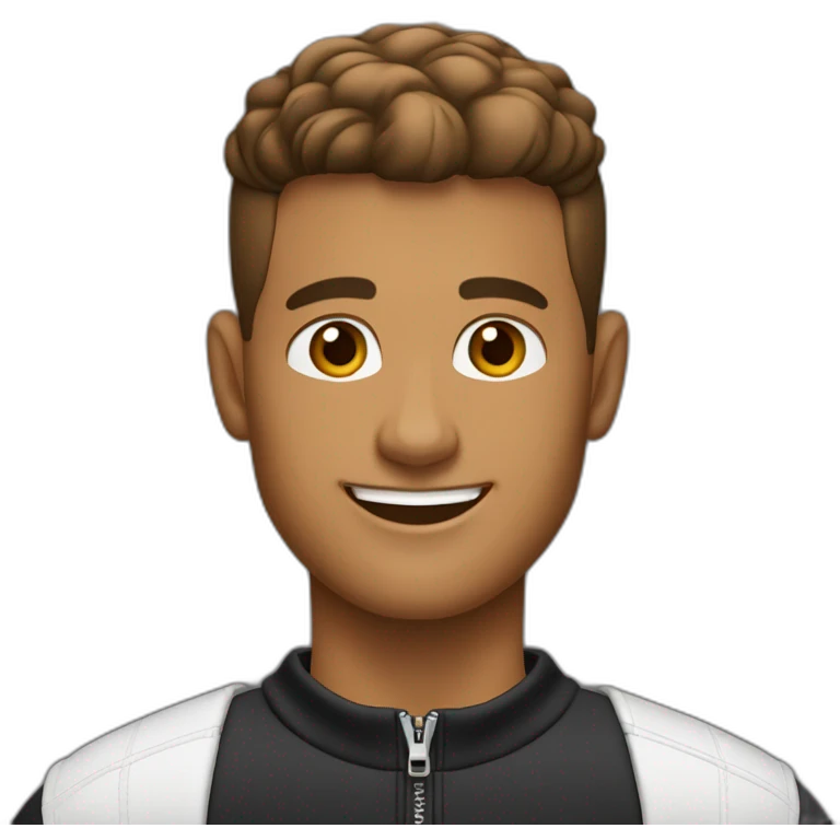 Smiling guy, barber fade haircut, wearing a black quarter zip sweater with white tee shirt under, tan skin tone, working on Mac book emoji