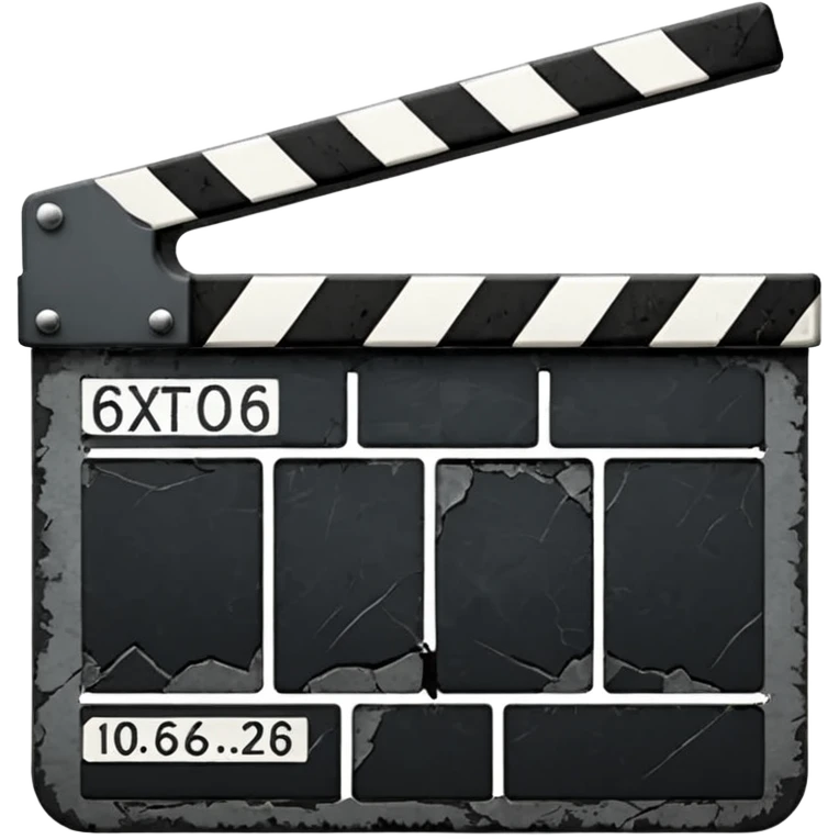 Minimalist emoji-style sticker of a cracked movie clapperboard with the date “06/06/66”, faint scorched marks, all in grayscale


 emoji
