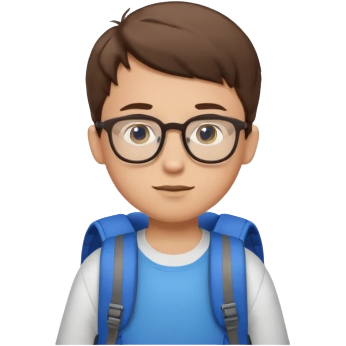 a boy with short brown hair and blue eyes, glasses, backpack emoji