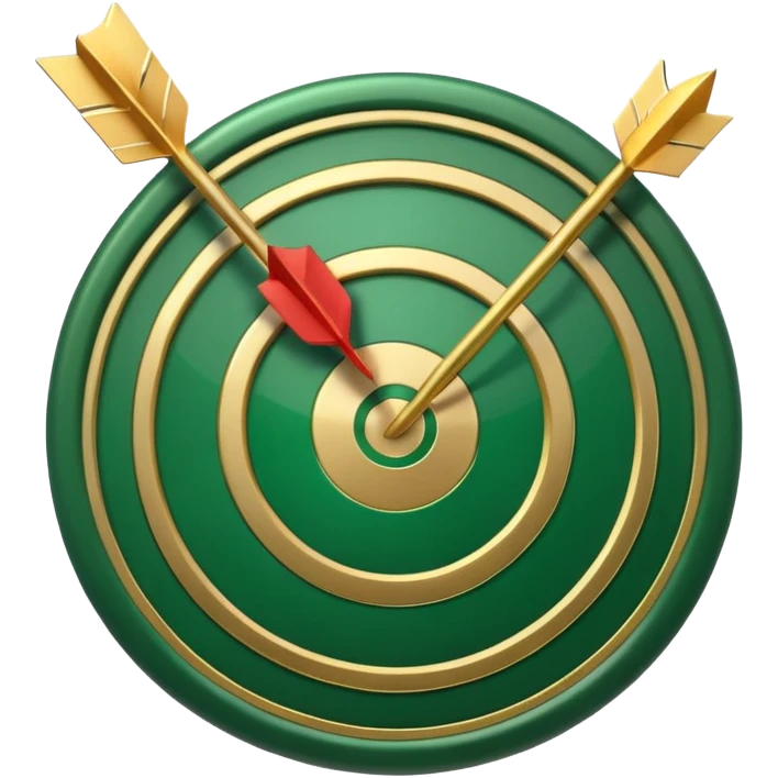 3D target icon with arrow hitting bullseye, modern glossy style, deep green (#0B3D2C) rings, gold (#C9B037) center and arrow, subtle glow, transparent background, premium render emoji