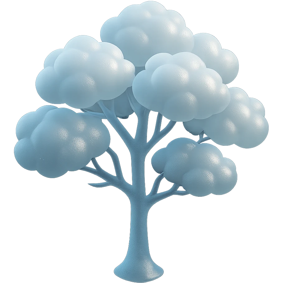 one tree with many branches and a white trunk, crown made of small very bright white fluffy convex clouds, matte glass style emoji