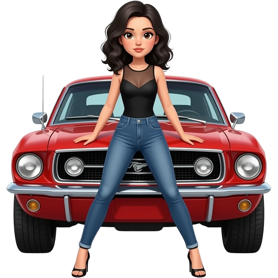 Pale girl with wavy jet black hair and brown eyes in front of a red ford mustang 1968 coupe. Girl wearing a sheer black sleeveless top, low rounded neckline, jeans and heels with visible toes. Legs spread and hands resting on the hood. emoji