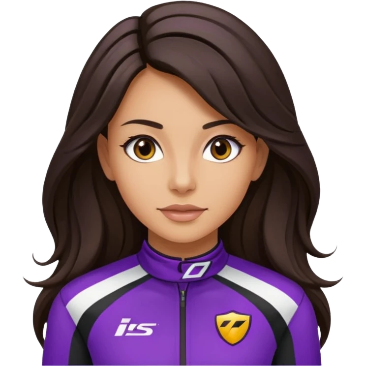 brunette long hair woman with black racing outfit with purple strips emoji