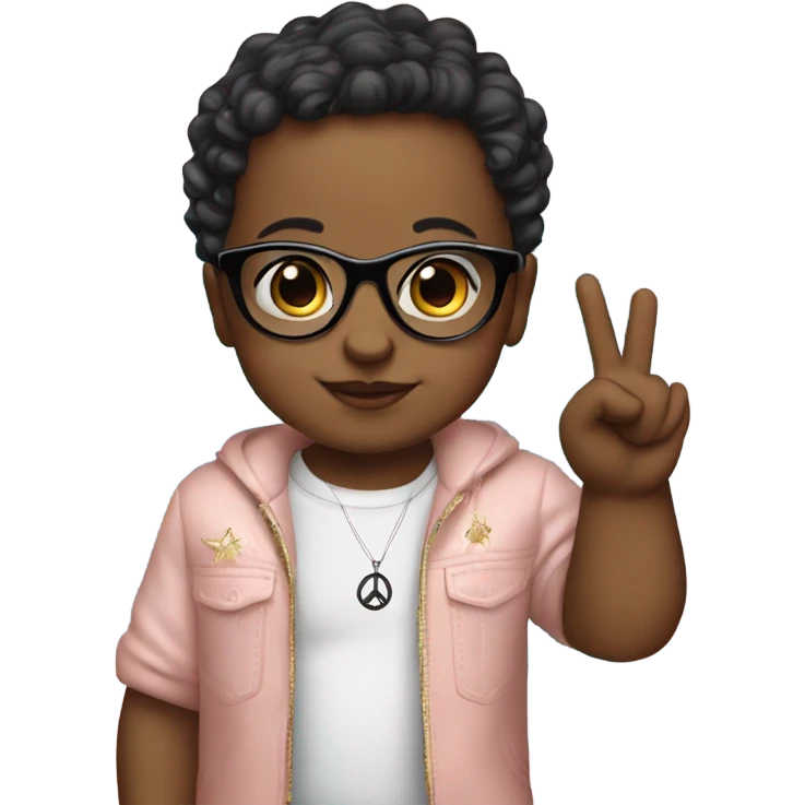 Baby with glam outfit and glasses doing the peace sign with hands emoji