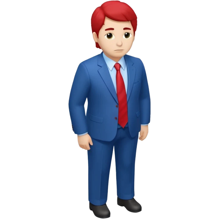 CHANGE TO SHOW THE FULL BODY, FROM AN ISOMETRIC OVERHEAD ANGLE, WITH MUCH PUFFIER HAIR (IN HIS DISTRICTIVE STYLE), WITH A LARGE, BLOATED STOMACH, WEARING A BLUE SUIT AND RED TIE, TURNED SLIGHTLY TO THE SIDE, IN THE STYLE OF ISOMETRIC FIGURES. emoji