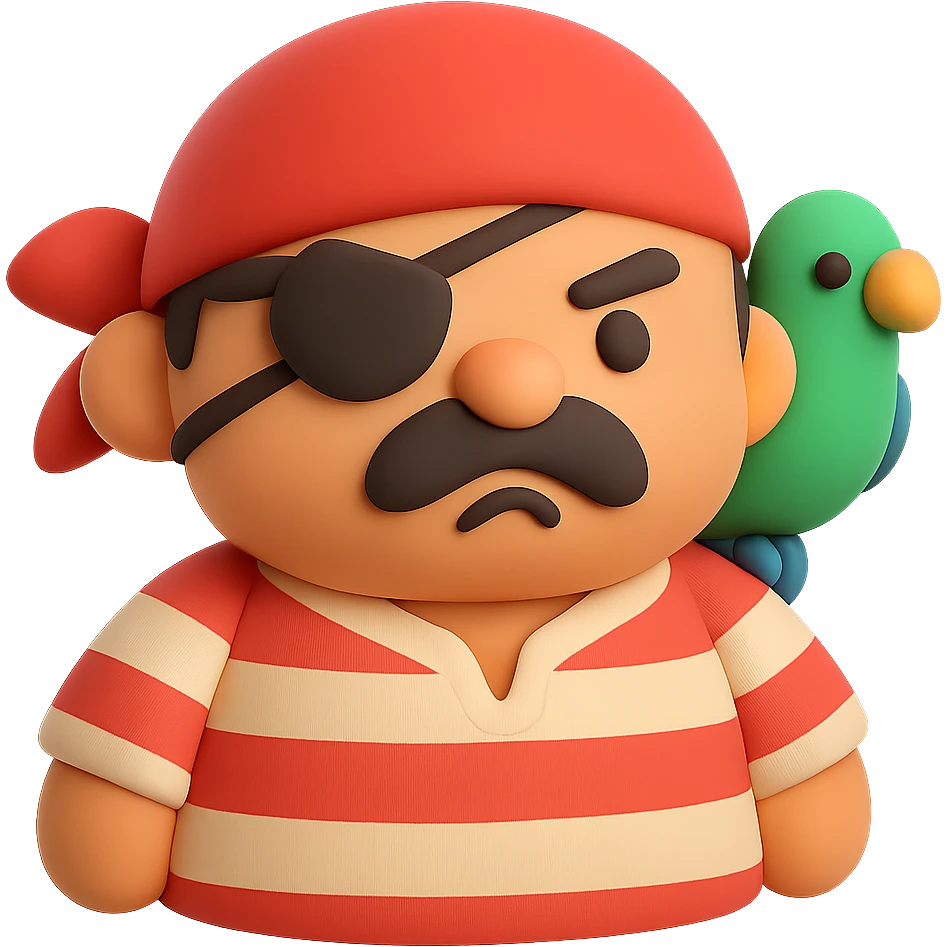 A chubby pirate character with bandana, striped shirt, and parrot on shoulder emoji