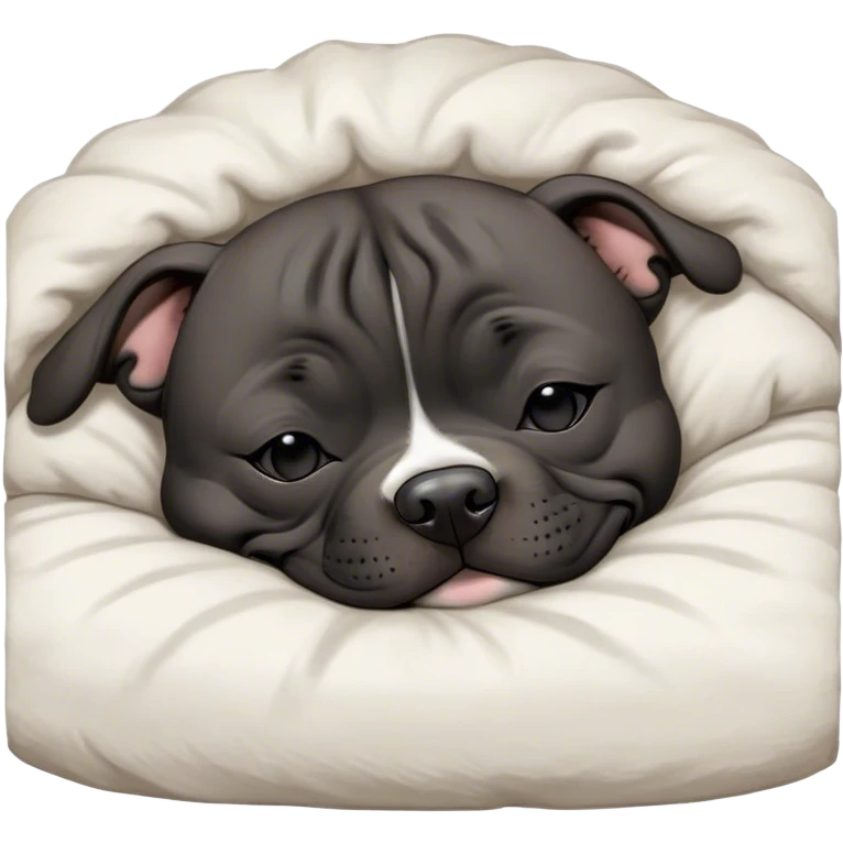 Meme-Worthy Cute Sleeping Black/Brindle Staffordshire Bull Terrier Portrait Emoji, Head resting peacefully with a contented smile, showcasing a delightfully compact build and a luxuriously soft Fur with an attractive black and brindle blend, eyes shut in a serene nap, Simplified yet hilariously adorable features, highly detailed, glowing with a soft, drowsy light, high shine, relaxed and utterly lovable, stylized with an air of playful laziness, bright and heartwarming, soft glowing outline, capturing the essence of a comically sleepy guardian, so meme-worthy it feels like it could instantly become the next viral sensation of adorable slumber! emoji