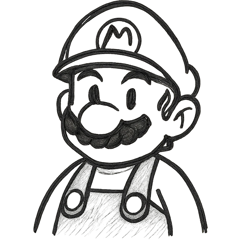 Mario with red hat and blue overalls, hand drawn style, soft lines, warm tones, friendly expression emoji