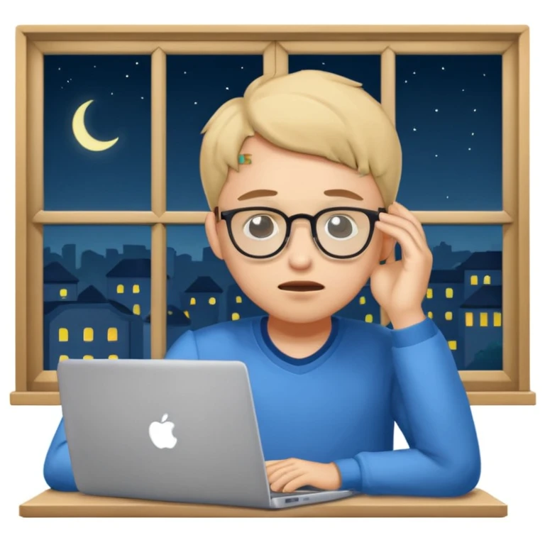 tired student with laptop, rubbing eyes, window at night behind emoji