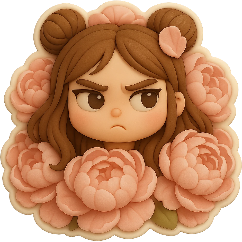 3D chibi fondant cake art style, high-quality rendering with smooth shadows and soft gradients. Girl based on reference image with preserved facial features and eye shape exactly as in the reference. Long brown hair in two space buns, brown eyes, thick white outline like a sticker, transparent background. Her head is nestled in the middle of a massive pile of soft pink peonies, only her face and a few petals on her hair are visible, flowers are lush and dense. emoji