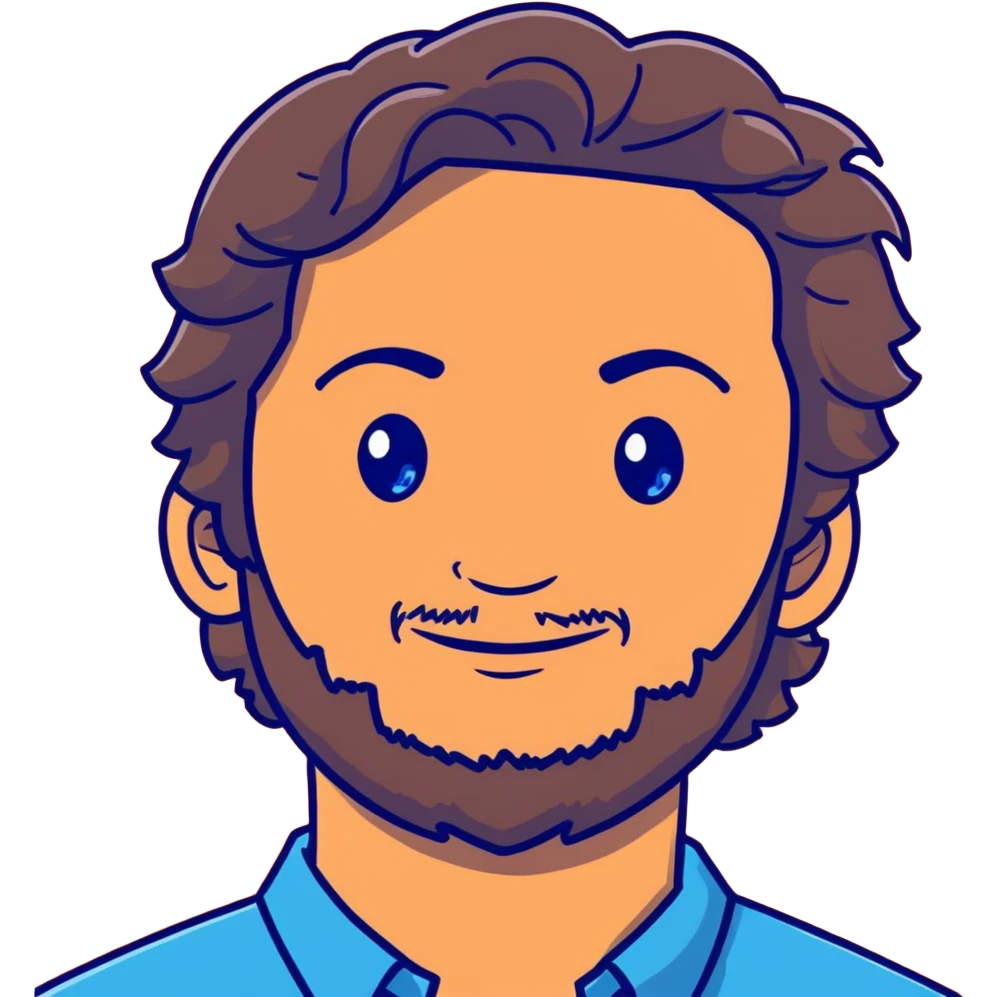 Lebanese man with one blue eye and one brown eye, light beard, kind smile, blue shirt, brown longish wavy hair emoji